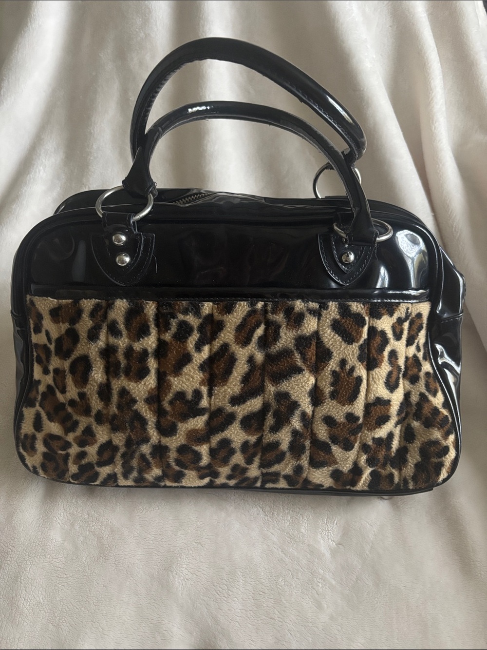 Lux de Ville Rockabilly Black Patent Satchel with Leopard Accent